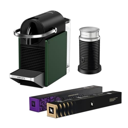 Image of Nespresso Pixie Coffee Pod Machine Bundle by Krups, includes Milk Frother, Caramello Pods and Arpeggio Pods, XN3063G2, Dark Green