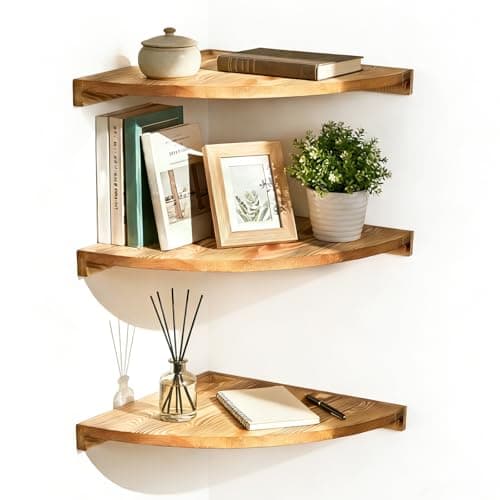 Image of QINGLANG Wooden Corner Shelf Wall Mounted Set of 3 Corner Floating Shelves with Cord Hole Farmhouse Solid Pine Wood Shelf Organizer Hanging Storage for Living Room Kitchen Bedroom Laundry Office 10in