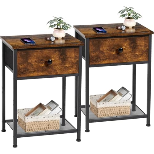 Image of AMHANCIBLE Bedside Table Set of 2, Small Side Table with Fabric Drawer, Sofa Side Table with Storage Shelf, Nightstand with Metal Frame, Coffee Table for Bedroom, Living Room, Rustic Brown UHET03SDBR