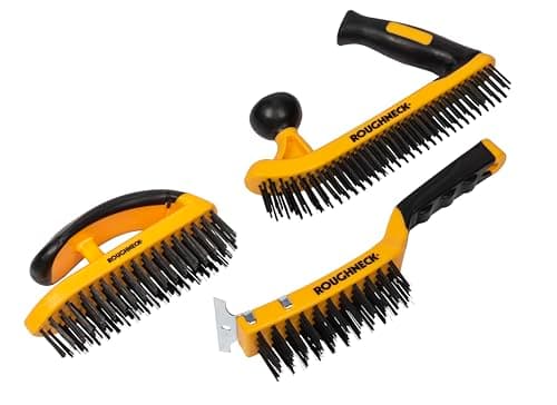 Image of Roughneck Heavy Duty Wire Brush 3 Piece Set – High-Performance Cleaning Kit with Carbon Steel Bristles & Soft Grip – Scraper (300mm), Block (165mm), Two-Handed Brush (250mm)