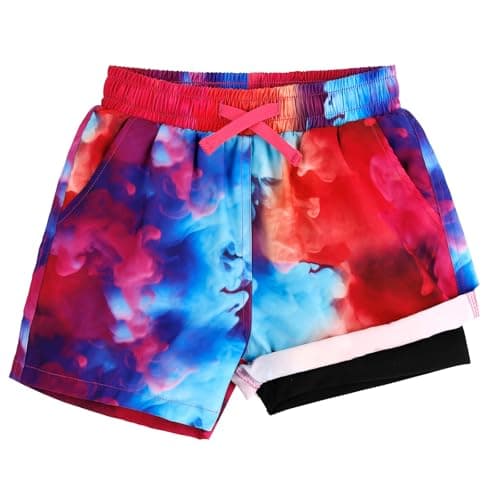 Image of LACOFIA Boys Swimming Shorts 2 in 1 Kids Swim Trunks with Compression Liner Elasticated Waist Boardshorts Children Summer Beach Shorts Quick Dry Red Print 10-12 Years