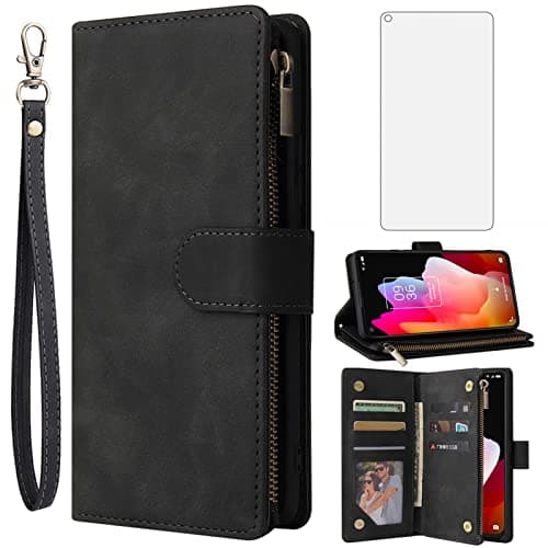 Image of Asuwish Compatible with TCL 10L / TCL 10 Lite Wallet Case and Tempered Glass Screen Protector Leather Flip Cover Card Holder Stand Cell Accessories Phone Cases for Android TCL10L TLC 10L Women Black