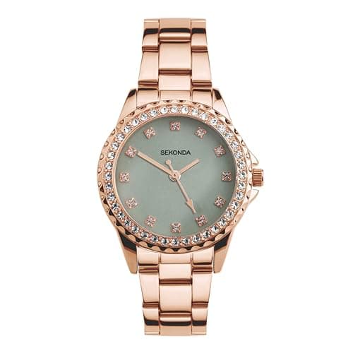 Image of Sekonda Dress Elizabeth Ladies 36mm Quartz Watch in Green with Analogue Display and Rose Gold Alloy Strap 40646