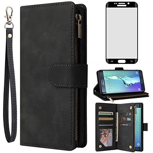 Image of Asuwish Compatible with Samsung Galaxy S6 Edge Plus Wallet Case Tempered Glass Screen Protector and Flip Cover Card Holder Stand Cell Phone Cases for Glaxay S6edge + S 6edge 6s 6 Edge+ Women Men Black