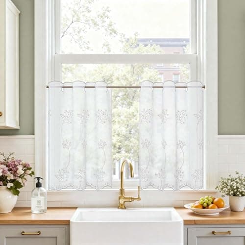 Image of TOPICK Kitchen Curtains 24 Inch Drop, Embroidered Floral White Short Cafe Curtains, Light Filtering Eyelet Short Curtain 2 Panels for Bedroom, Living Room, Cupboard Base, Sink, W 26" x L 24"