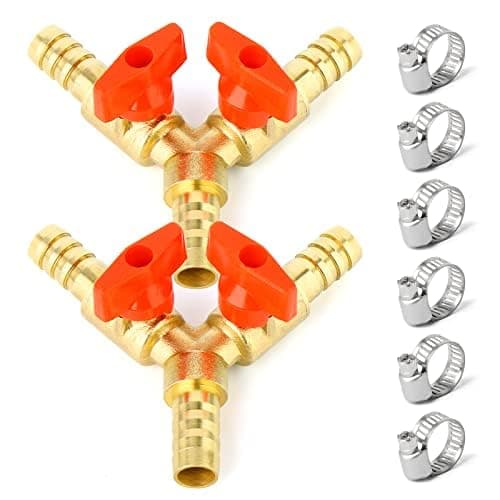 Image of ERGAOBOY 2 Pcs 3 Way Hose Shut-Off Ball Valve, 8mm Hose Connection 2 Switches Brass Y Shaped Valve with 6 Clamps