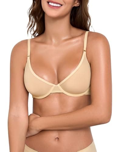 Image of Niwicee Women's Sheer Bra Unlined Plunge Underwired Mesh Demi See Through Sexy Bras for Small Breasts Deep V Everyday Bra Ultra Thin & Breathable (Nude, 34A)