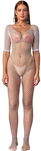 Image of Bommi Fairy Women‘s Sexy Fishnet Mesh Bodystockings One Piece Bodysuit Teddy Lingerie Off The Shoulder Outfit Jumpsuit Underwear (White)