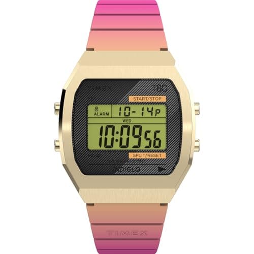 Image of Timex Unisex T80 36 mm Watch - Pink Resin Strap Digital Dial Gold-Tone Case TW2V74400