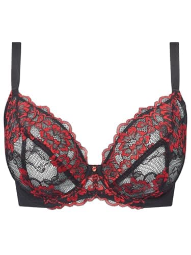 Image of Ann Summers Sexy Lace Fuller Bust Non Padded Plunge Bra Curve-Enhancing Womens Underwear with Underwire Support, Sheer Lace Cups & Power Mesh Wings Black/Red