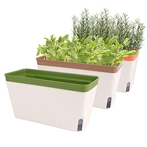 Image of Fayavoo Self Watering Plant Pots, Set of 3 10.5 Inch Rectangular Windowsill Herb Planter Box, Modern Plastic Flower Pots for Indoor Outdoor Garden Office Patio, Planters with Drainage Hole Hidden Tray