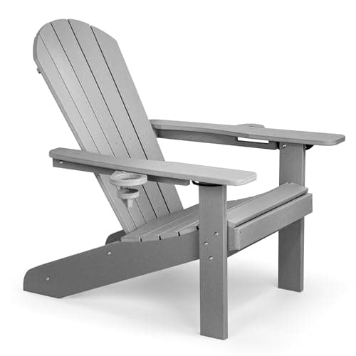Image of VonHaus Grey Adirondack Chair - Reclining Slatted Style Garden Chair with Cup & Phone Holders - Durable Weather Resistant HDPE Plastic Outdoor Armchair for Patio & Decking - Westport