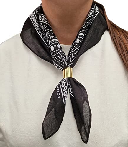 Image of Komonee Tie Neck Ring Loop Clasp Gold Colour With Black Paisley Bandana Head Scarf Headbands Handkerchief Cowboy Cotton Bib Party Face For Mens Womens Unisex