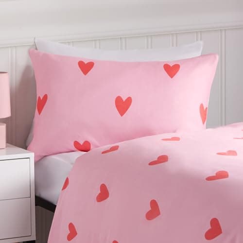 Image of OHS Single Bedding Set Gingham Heart Reversible, Ultra Soft Cosy Fabric Classic Gingham Heart Pattern Luxury Quilt Single Duvet Set with Pillowcase, Coral/Pink