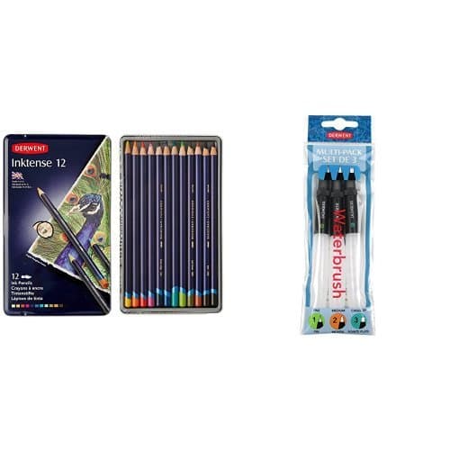 Image of Derwent Inktense Watercolour Pencils Tin (Set of 12) with Derwent Waterbrush Multi-Pack (Pack of 3)