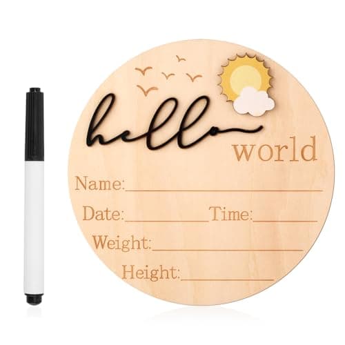 Image of Baby Announcement Sign, 5.83 Inch Wooden Hello World Newborn Sign Cute Welcome Birth Name Plaques Board for New Baby Shower Arrive Hospital Nursery Photo Prop Accessories (Black)