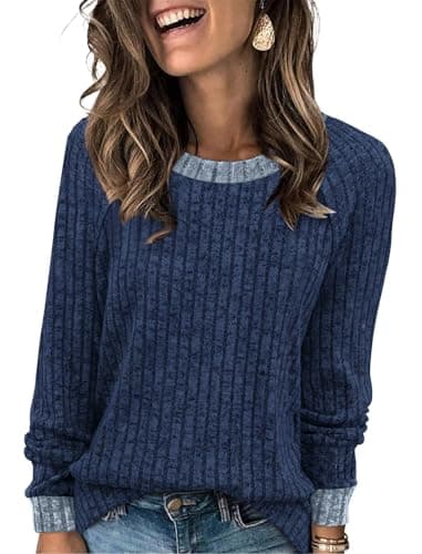 Image of WIHOLL Long Sleeve Tops Women Lightweight Jumpers Ladies Color Block Sweatshirts Casual Womens Tops Size 6-8 Navy Blue