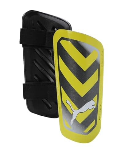 Image of Puma Ultra Light Strap Shin Pads, Adult, Plain, Yellow Blaze Black, XL