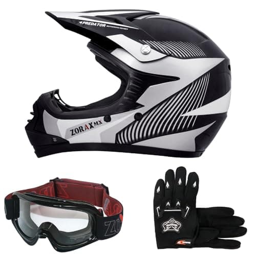 Image of Zorax ZOR-X19 White M (51-52cm) Predator Kids Motocross Motorbike MX Helmet ECE2206 & Gloves M (6cm) & Goggles