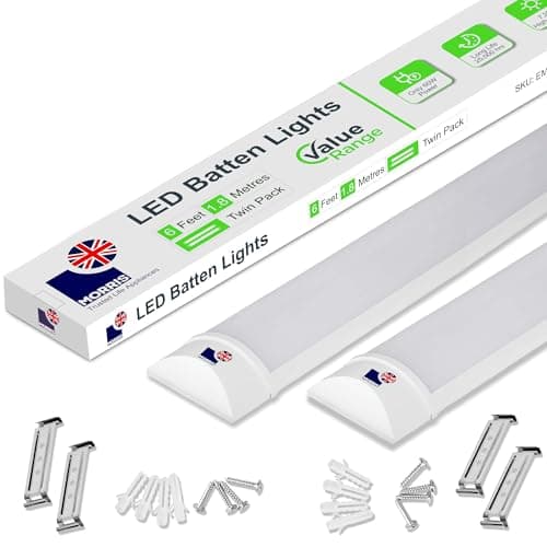 Image of Morris LED Batten Light 6ft - 60W 7200LM, IP20 Grade, 2-Pack 6500K Daylight, High-Efficiency Lighting for Indoor Barns, Workshops, Large Spaces - Value Range