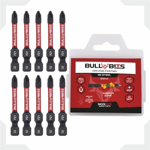 Image of 10x Bull Bits 50mm PZ1 Impact Screwdriver Bits Set – Pozi Pozidriv, Shock Zone, S2 Steel, Torsion Zone
