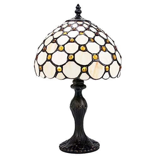 Image of Happy Homewares Traditional Amber Stained Glass Tiffany Table Lamp with Multiple Circular Beads | 40w | 8" Diameter with Inline Switch Button