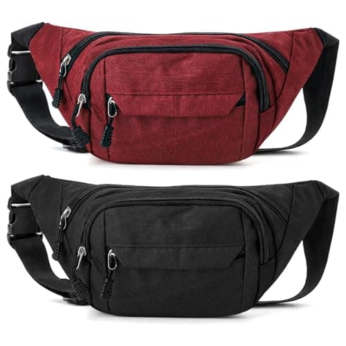 Image of Meng Jiaran 2 Pack Bum Bag Bumbag for Men Women,Waterproof Waist Fanny Pack for Ladies, 4 Zip Pockets Adjustable Belt Cross Body Bumbags for Sport Running Walking Travel Cycling, Black, Red
