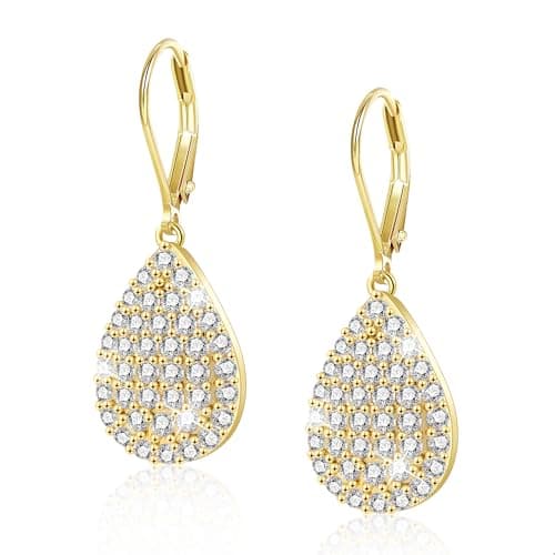 Image of Gold Teardrop Earrings, ALEXCRAFT 14K Gold Dangle Leverback Earring for Women Trendy Hypoallergenic Goldplated Sterling Silver Cubic Zirconia Waterdrop Teardrop Dangling Drop Earrings for Women