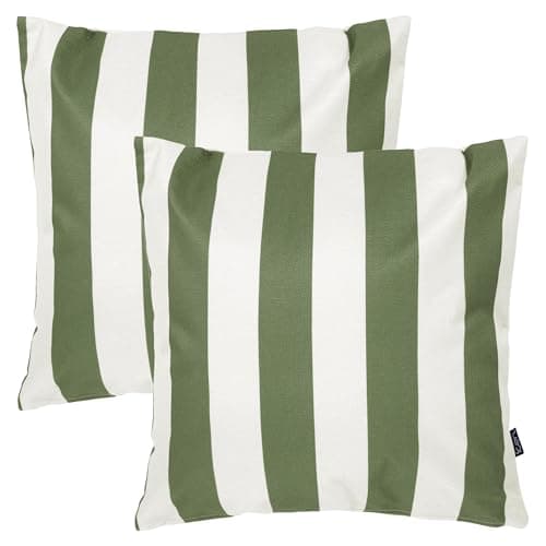 Image of icon Indoor Outdoor Cushions Filled, Stripe Collection, Olive Green, Set of 2, 43cm x 43cm, Water Resistant, Yellow Outdoor Cushions for Garden Furniture, Lounge, Garden, Patio