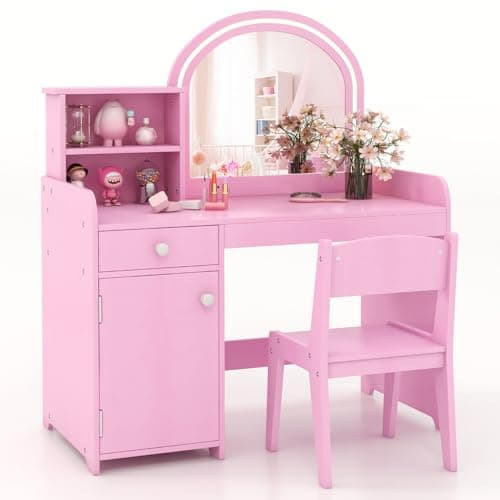 Image of Maxmass Kids Vanity Table and Chair, Wooden Children Study Table with 2-Color LED Lights Mirror, 2-Tier Shelf, Drawer & Cabinet, Multifunctional Dressing Table Set for Toddlers (Pink)