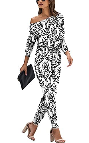 Image of YUNDAI Womens Jumpsuits One Piece Casual Off Shoulder Playsuit Long Sleeve Overalls Elastic Waist Stretchy Romper with Pockets X-Large,Black White