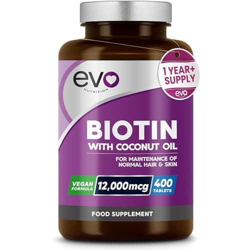 Image of Biotin Hair Growth Supplement 12,000mcg with Coconut Oil | 400 High Strength Tablets for - 13 Month Supply Vitamin B7 Supports Normal Skin & Made in UK by EVO Nutrition