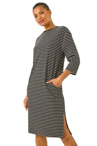 Image of Roman Originals Stripe Jersey Stretch T-Shirt Dress for Women UK - Ladies Everyday Autumn Winter Round Neckline Comfy Soft Evening Vacation Work Party Night Out - Black - Size 12