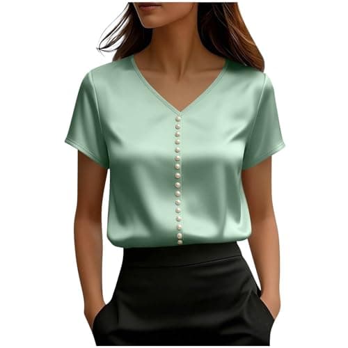 Image of HUIFUAO Satin Pearl Tops for Women Long Sleeve Elegant Going Out Silk Blouse Crew Neck Dressy Work Office Business Casual Shirts Tunic (Z01-Mint Green #1, M)