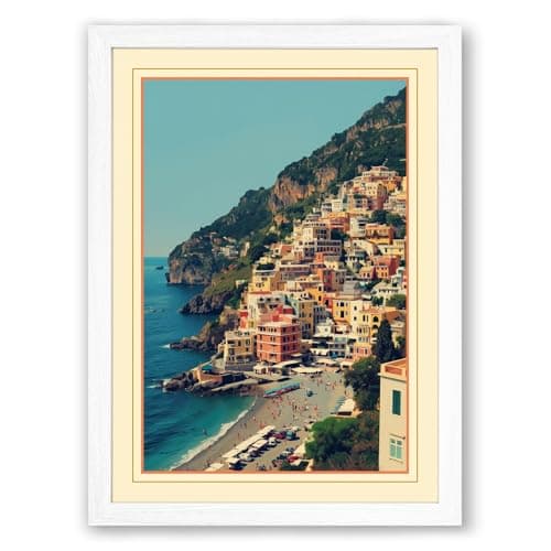 Image of Coastal Village in Blue Japandi Framed Wall Art Print A1 (84.1×59.4cm) White, Wall Decor for Living Room, Bedroom, Office & Home, Ready to Hang, Art Gift