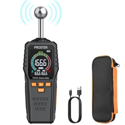 Image of Proster Rechargeable Wall Moisture Meters - Pinless Damp Meter with Colour LCD Screen Sound Light Alarm 58mm Spherical Probe Damp Detector Detects 5-40 mm Depth for Wood Building Cardboard Concrete