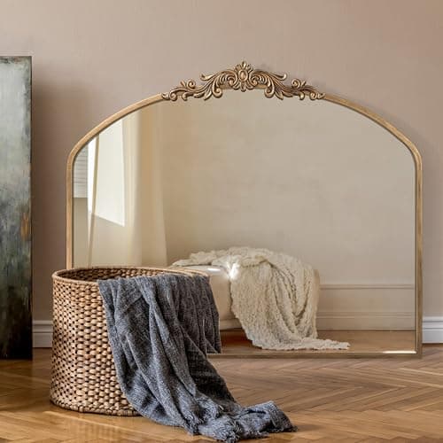 Image of PERFNIQUE Gold Vintage Mirror, 91 x 76 cm Arched Antique Baroque Mirror for Wall, Brass Traditional Ornate Wall Decor for Bathroom Living Room Fireplace Entryway Hallway (91 x 76 cm)