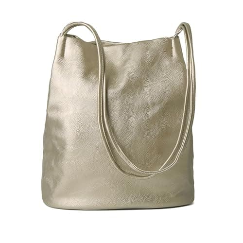 Image of Woodland Leathers Women's Medium Size Vegan Leather Hobo Bucket Tote Handbags For Women - Elegant Black Handbag With Long Straps, Stylishly Spacious Designer Elegance bags for women (Bronze)