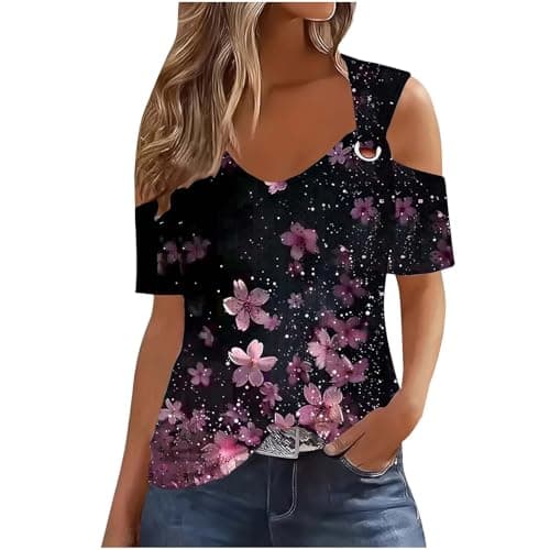 Image of Shopping Online 2025 Summer Tops for Women UK Trendy Short Sleeve V Neck Cold Shoulder T-Shirt Dressy Casual Hollow Out Eyelet Blouse Lightweight Floral Printed Shirts Going Out Tee
