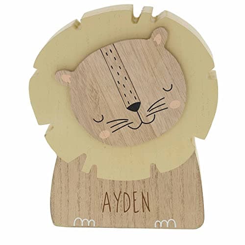 Image of Personalised Babies First Money Box Wooden Engraved Money Box Frame Lion Wooden Animal Money Savings Box Bank for Babies Newborn Gift Kids Piggy Bank For Babies