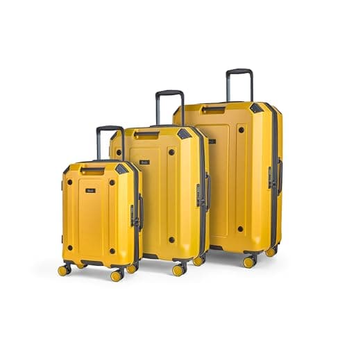 Image of Rock Alpine Set of 3 Hard Shell Suitcase in Yellow - Expandable Luggage with Corner Protectors, Hooked Bumper Sides, 360 Swivel-Wheels & TSA Combination Lock - Small, Medium, Large