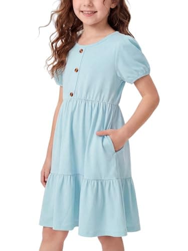 Image of JiAmy Girls Dress Puff Short Sleeve Cotton Round Neck Kids Casual T-Shirt Dresses with Pockets Tiered High Waist Swing A-line Fall Tween Dress for 4-5 Years, Blue