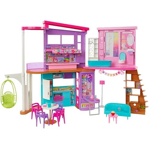 Image of Barbie Vacation House (42 in) Dollhouse Playset with 2 Levels, 6 Rooms, Elevator Swing & 30+ Pieces, Toy for 3 Year Olds & Up, HCD50