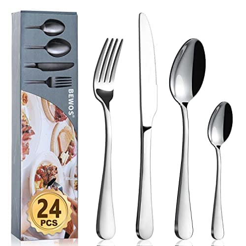 Image of Cutlery Set, BEWOS 24-Piece Stainless Steel Flatware Set, Tableware Silverware Set with Spoon Knife and Fork Set, Service for 6, Dishwasher Safe/Easy Clean, Mirror Polished