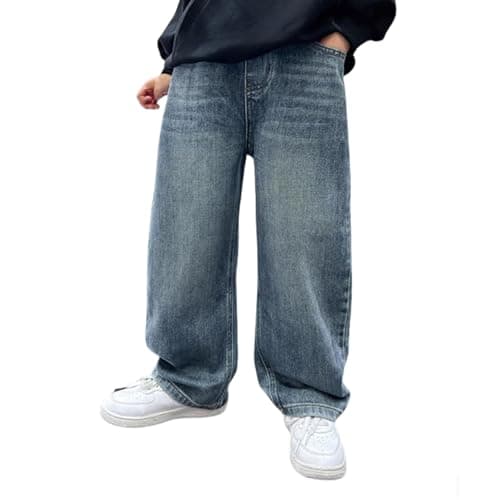 Image of Baggy Jeans Boys Casual Wide Leg Jeans Elastic Waist Children's Denim Trousers Straight Fit Fashion Streetwear Trousers Loose Fit Denim Pants (UK, Age, 9 Years, 10 Years, Regular, 01-Blue)