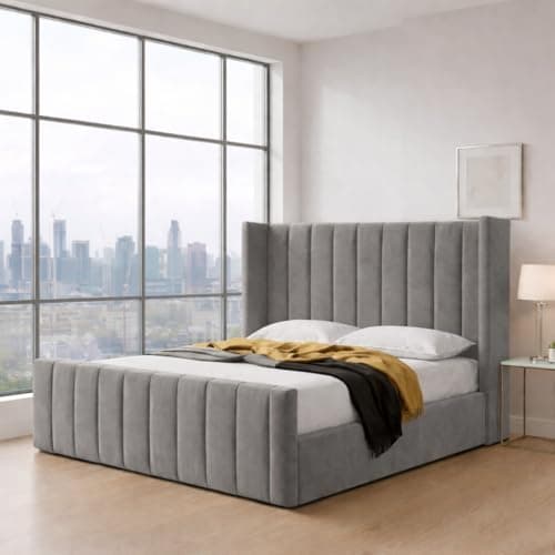 Image of Bed Craft Luxury Upholstered Velvet Bed Frame | Modern Designer Furniture | Optional Gas Lift Storage and Mattress | UK Made (Grey Plush, Double 4ft6 Bed Frame)