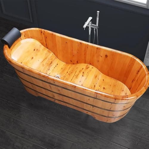 Image of Free Standing Bathtub with Water Scoop, Solid Wood Bathtub with Hanging Basket, Bathtub Adult with Stool, Save Water, for Bathroom, Garden