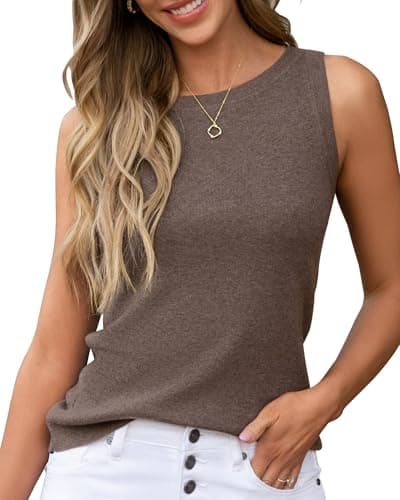 Image of Arach&Cloz Women's Sleeveless Knitted Vest Tops Non See Through Crew Neck Tank Top for Spring Summer Business (Coffee, M)