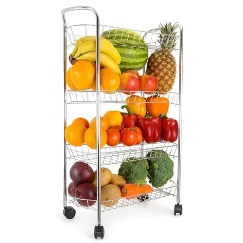Image of BURAKH 3/4 Tier Kitchen Storage Trolley – Rolling Fruit & Vegetable Basket Rack with Wheels – Metal Utility Cart for Pantry, Bathroom, or Office Use (4 Tier)