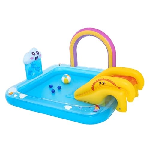 Image of Bestway Rainbows ‘N Rays Play Centre, Inflatable Kids Pool, Water Play Centre with Slide, Rainbow Sprinkler and Ball Games